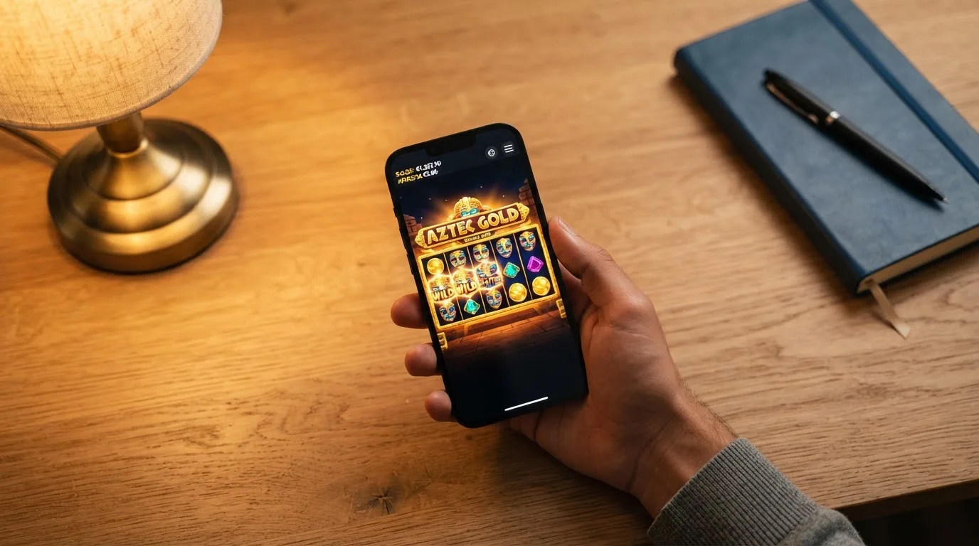 Manos de una persona sostienen un teléfono móvil mientras teclea sobre un escritorio de madera junto a una lámpara encendida.