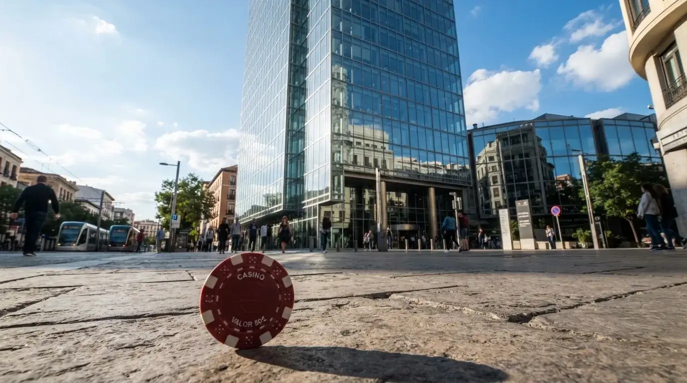 Edificio moderno de oficinas con grandes ventanales de cristal reflejando el cielo, visto desde una calle peatonal.