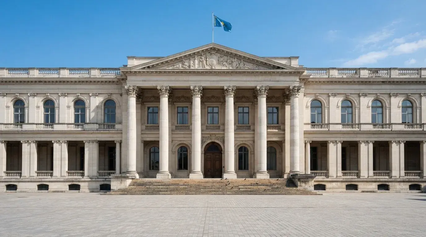Fachada clásica de un edificio administrativo con una bandera ondeando y una plaza vacía al frente.