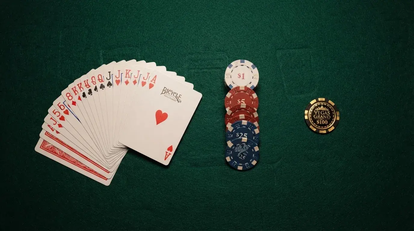 Vista cenital de una baraja de cartas y fichas de casino apiladas sobre una mesa de fieltro verde.