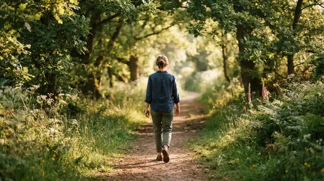 Persona caminando por un sendero arbolado durante una mañana soleada, en actitud relajada.