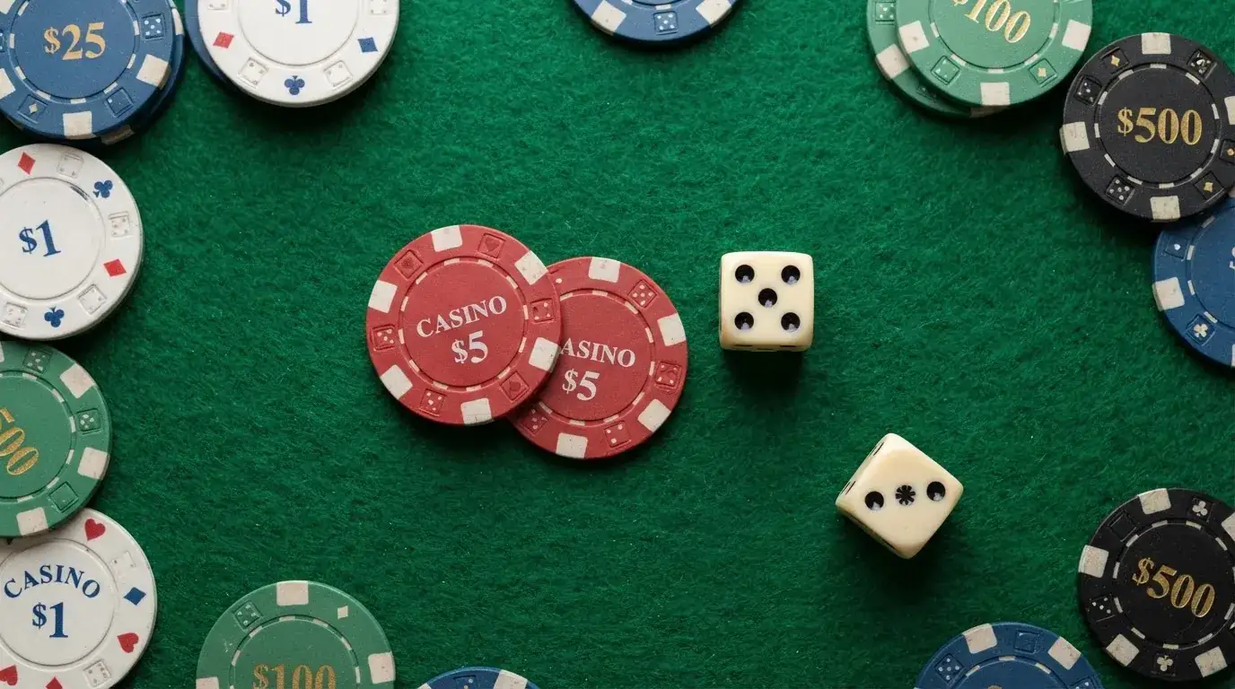 Vista cenital de fichas de casino y dados sobre una mesa de fieltro verde bajo luz suave.
