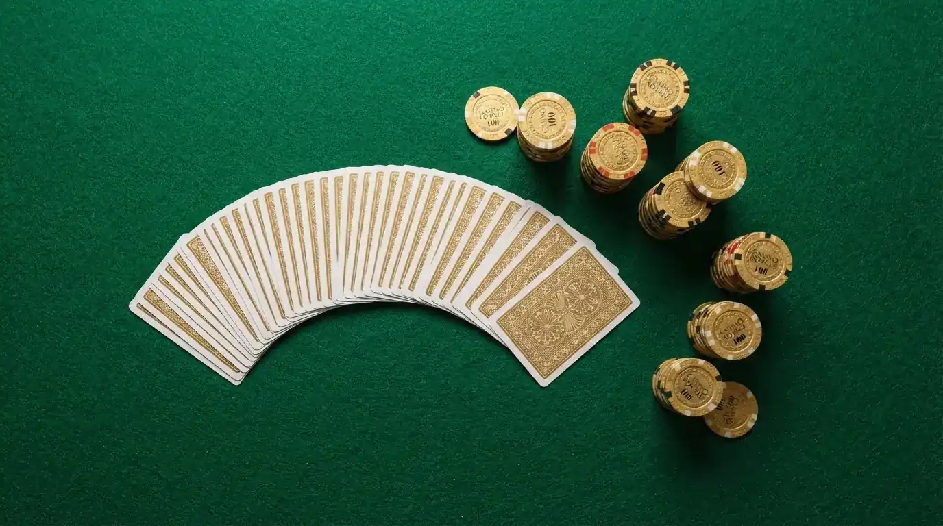 Vista cenital de fichas doradas y una baraja de cartas sobre una mesa de fieltro verde.