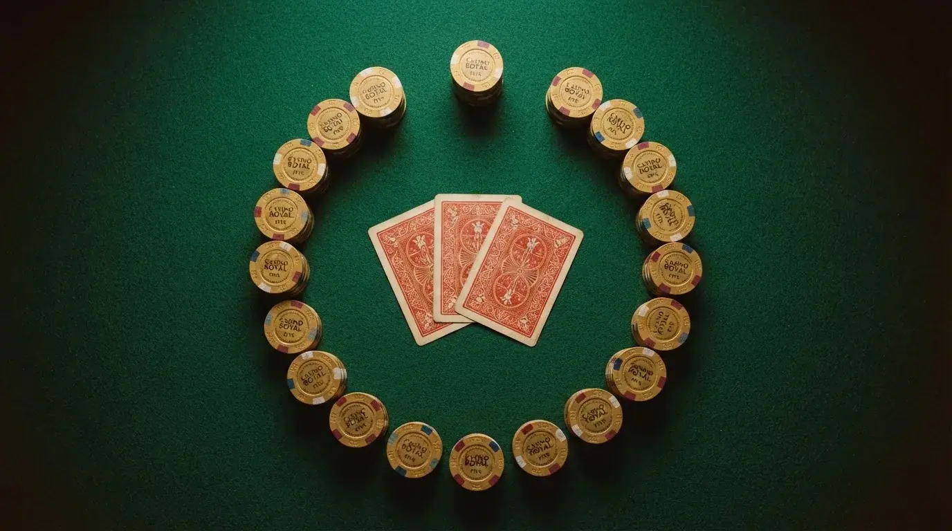 Vista cenital de fichas doradas y una baraja de cartas sobre una mesa de fieltro verde.
