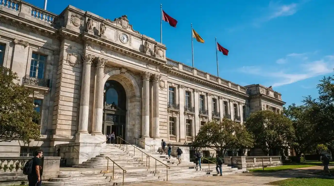 Fachada de un edificio institucional con banderas ondeando bajo un cielo despejado.