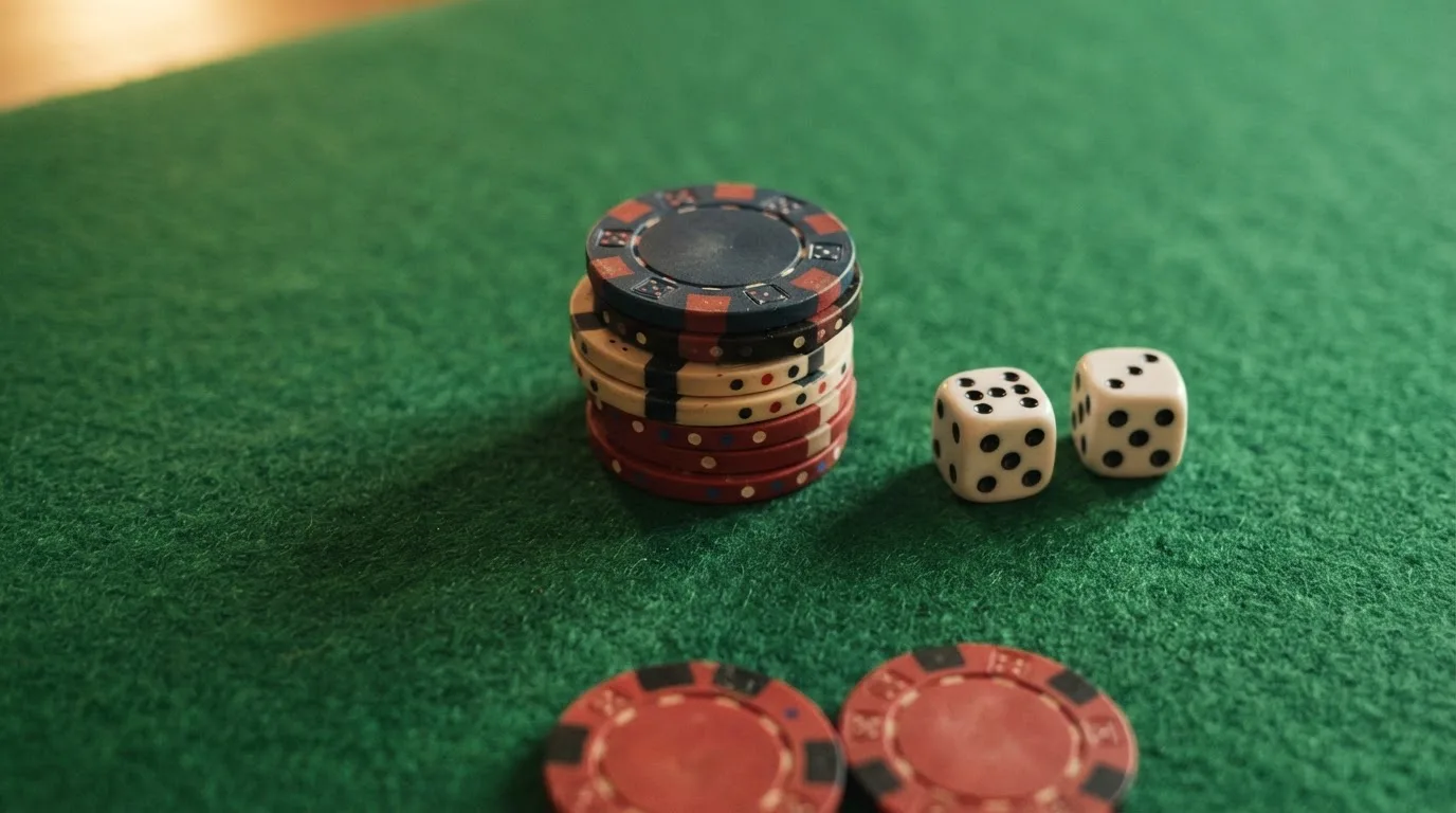 Vista cenital de fichas de casino y dados sobre una mesa de fieltro verde bajo luz suave.