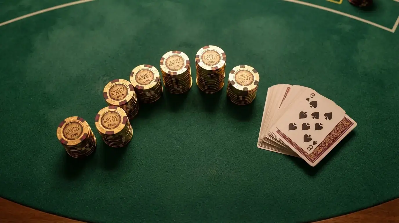 Vista cenital de fichas doradas y una baraja de cartas sobre una mesa de fieltro verde.