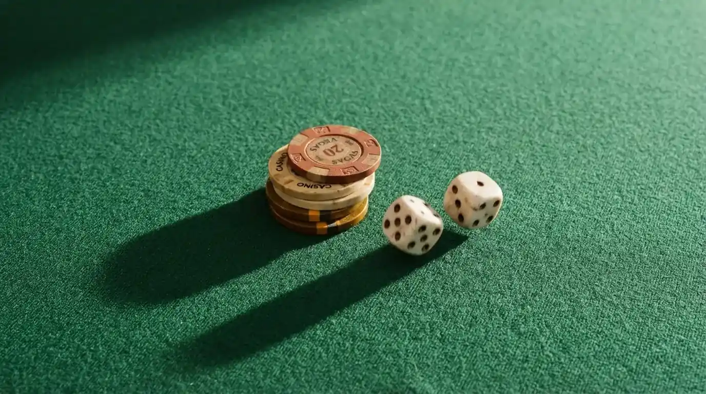 Vista cenital de fichas de casino y dados sobre una mesa de fieltro verde bajo luz suave.