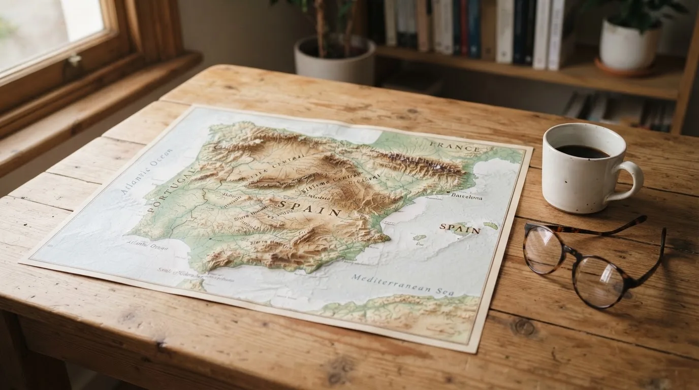 Un mapa físico de España sobre una mesa de madera junto a una taza de café y unas gafas, con luz natural entrando por una ventana.