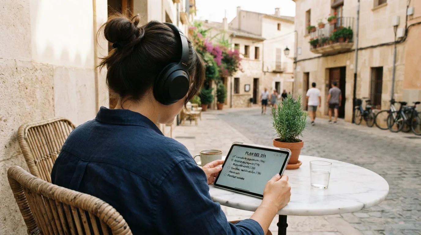Una persona con auriculares revisa una lista en una tableta apoyada sobre una mesa de café en una terraza soleada.