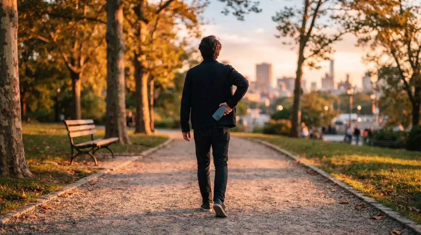 Una persona guarda su teléfono en el bolsillo mientras camina por un parque tranquilo durante el atardecer.