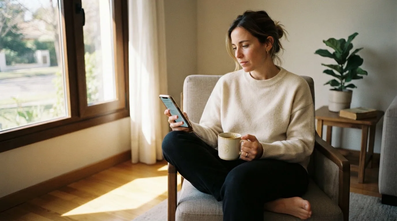 Una persona sostiene una taza de café mientras mira un teléfono móvil sentada junto a una ventana con luz de mañana.