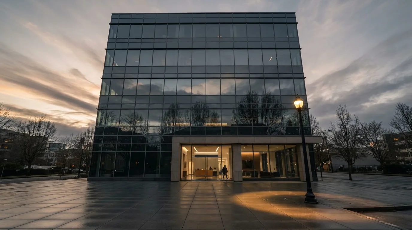 Un edificio de oficinas con fachada de cristal reflejando nubes, fotografiado desde una acera ancha por la tarde.
