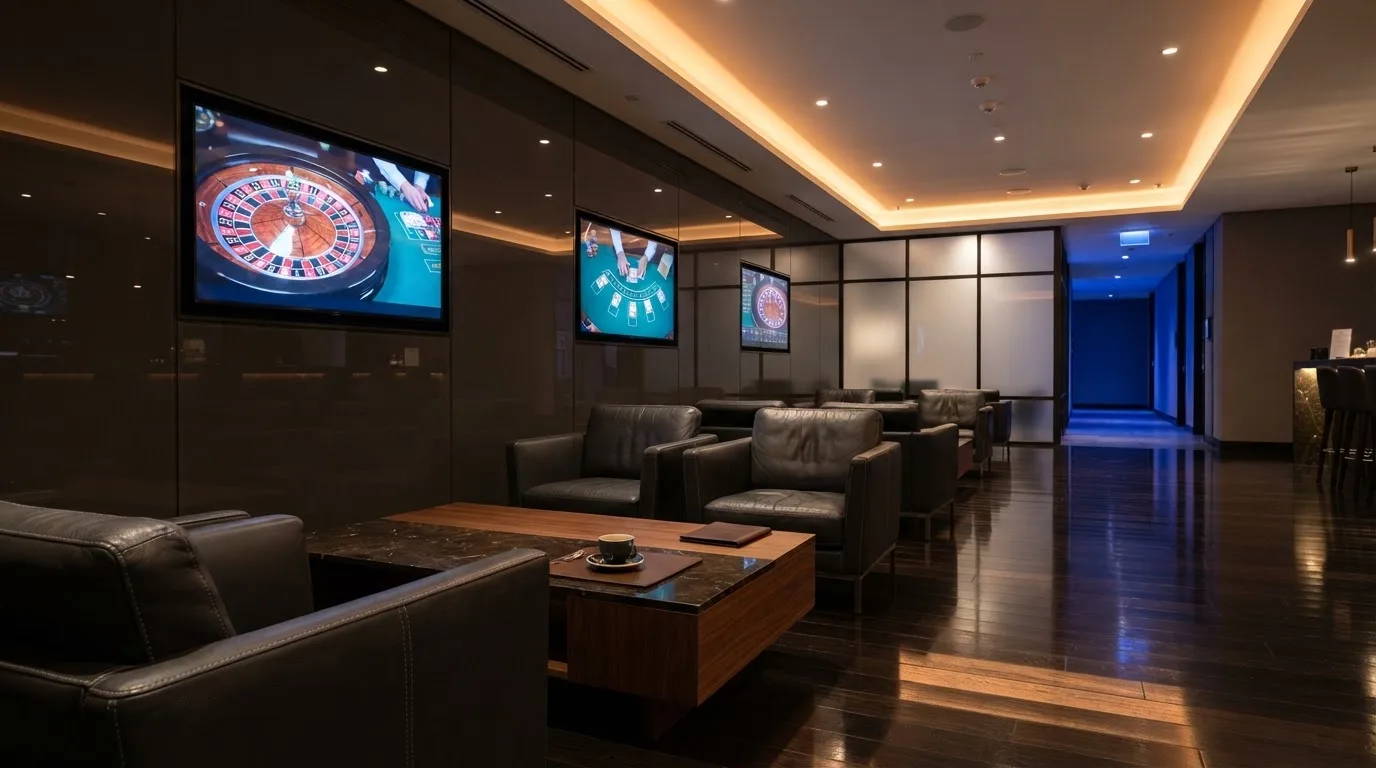 Fotografía de un salón de casino moderno con pantallas de transmisión en directo y sillones cómodos, ambiente cálido y profesional.