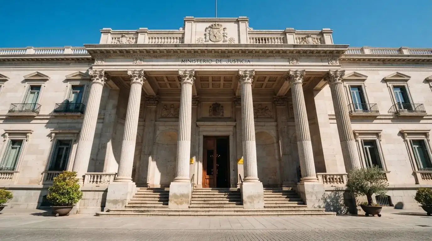 Fotografía de la fachada de un edificio institucional español con columnas clásicas bajo un cielo despejado.