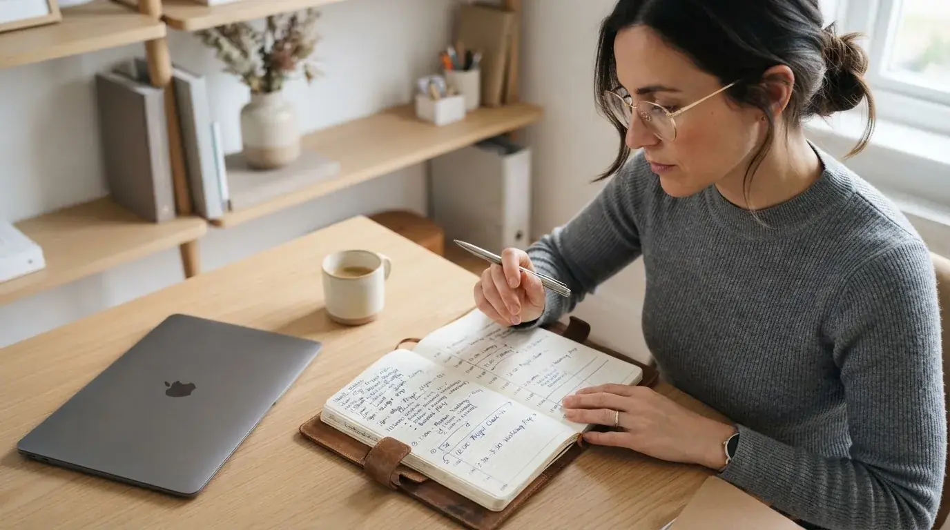 Una mujer con gafas revisa su agenda en un escritorio de oficina moderna con estanterías al fondo.