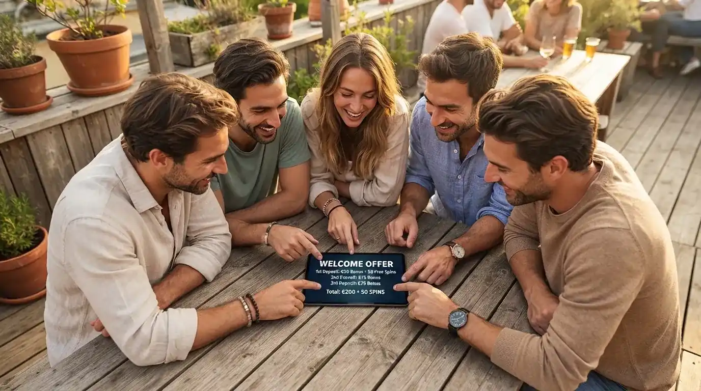Un grupo de amigos revisa algo en una tableta sobre una mesa de madera en una terraza al aire libre.