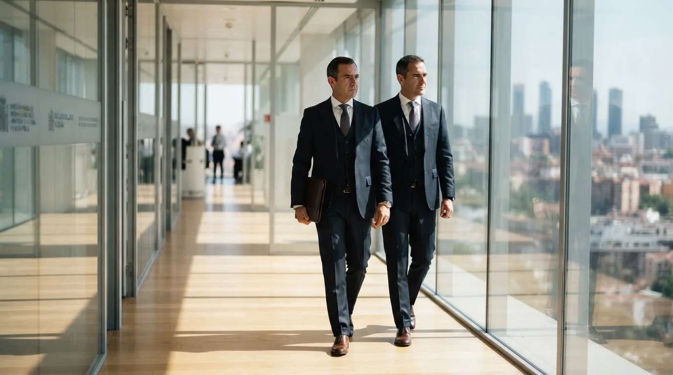 Un hombre con traje camina por el pasillo de un edificio de oficinas moderno con grandes ventanales.