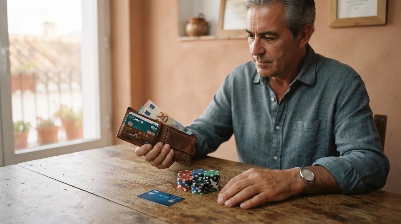 Un hombre revisa su cartera con tarjetas y monedas sobre una mesa de madera en casa.