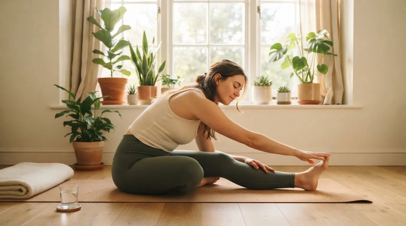 Una persona hace estiramientos en una sala luminosa junto a una ventana con plantas alrededor.