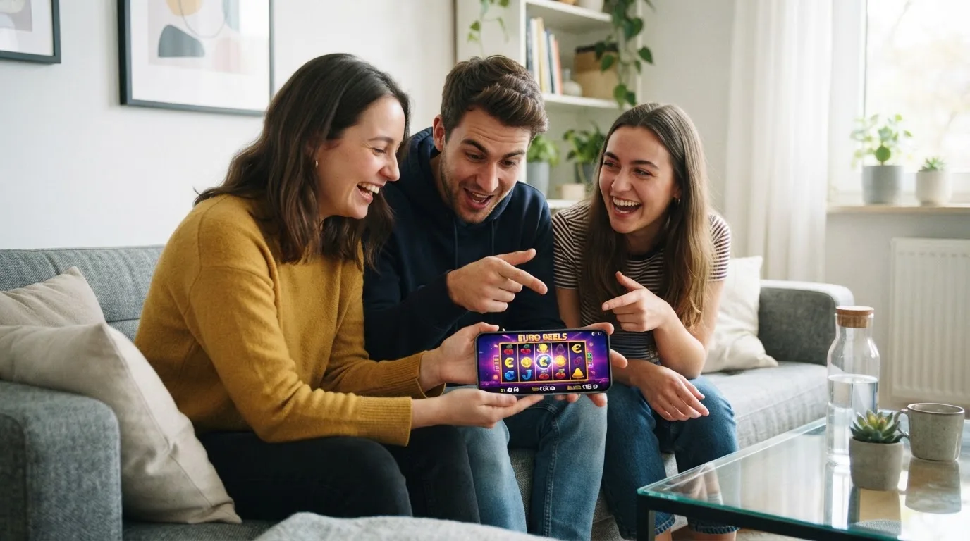 Tres amigos comparan algo en un teléfono móvil sentados en un sofá de un salón moderno.