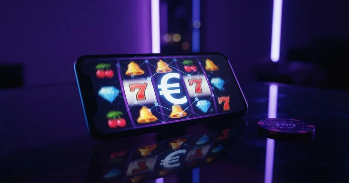 Una persona sostiene un smartphone bajo luces neón violetas en una habitación oscura y futurista.