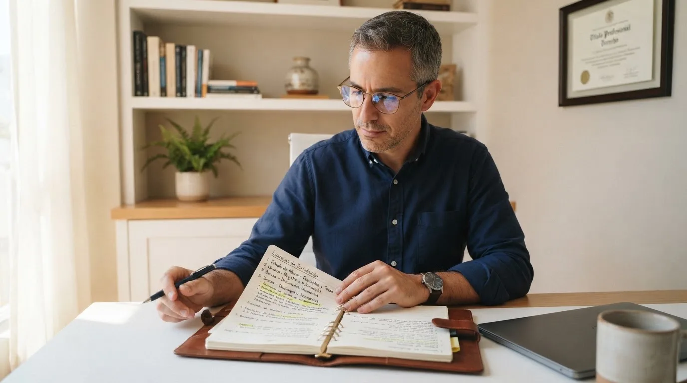 Un hombre con gafas revisa su agenda en un escritorio de oficina moderna con estanterías al fondo.