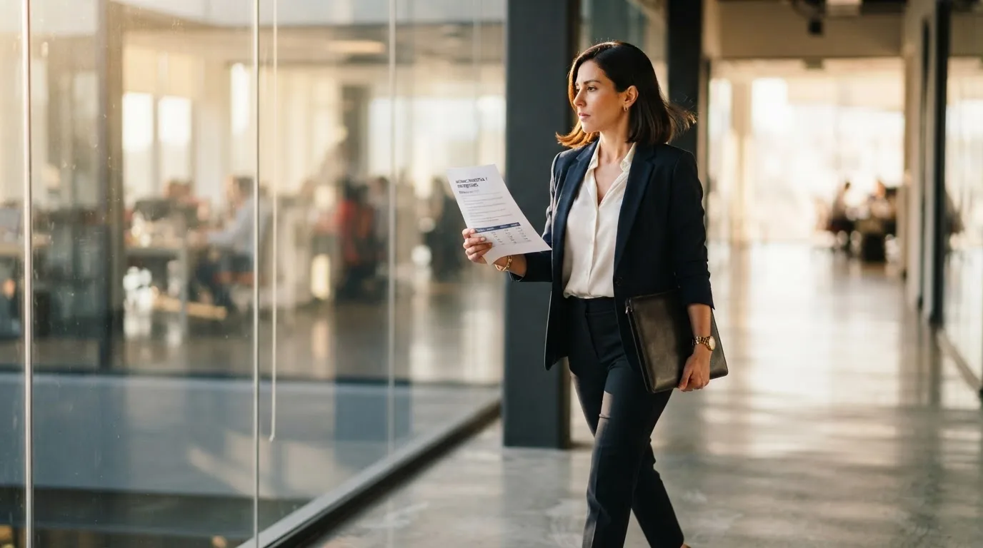 Una mujer con traje camina por un pasillo de oficinas moderno con grandes ventanales.