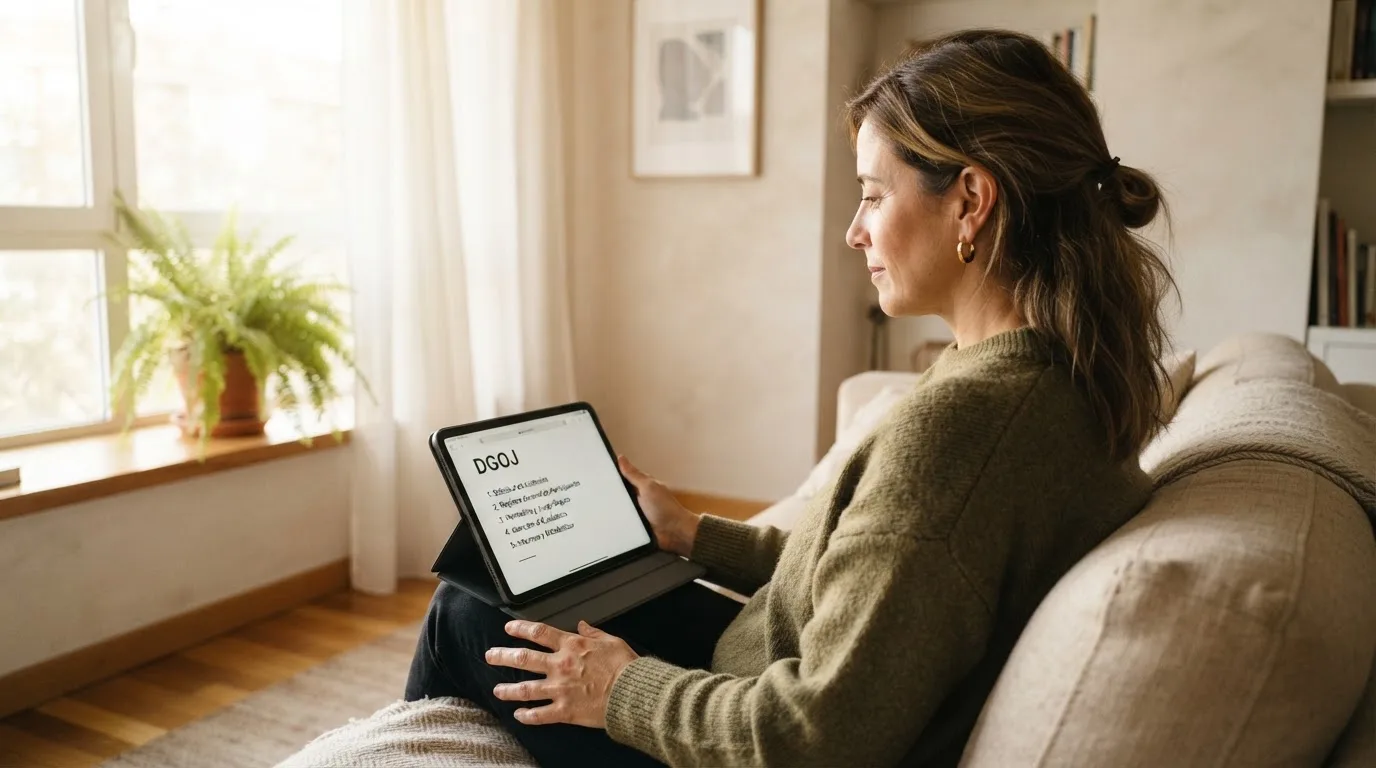 Una mujer consulta información oficial en la pantalla de su tableta, sentada junto a una ventana con luz natural.