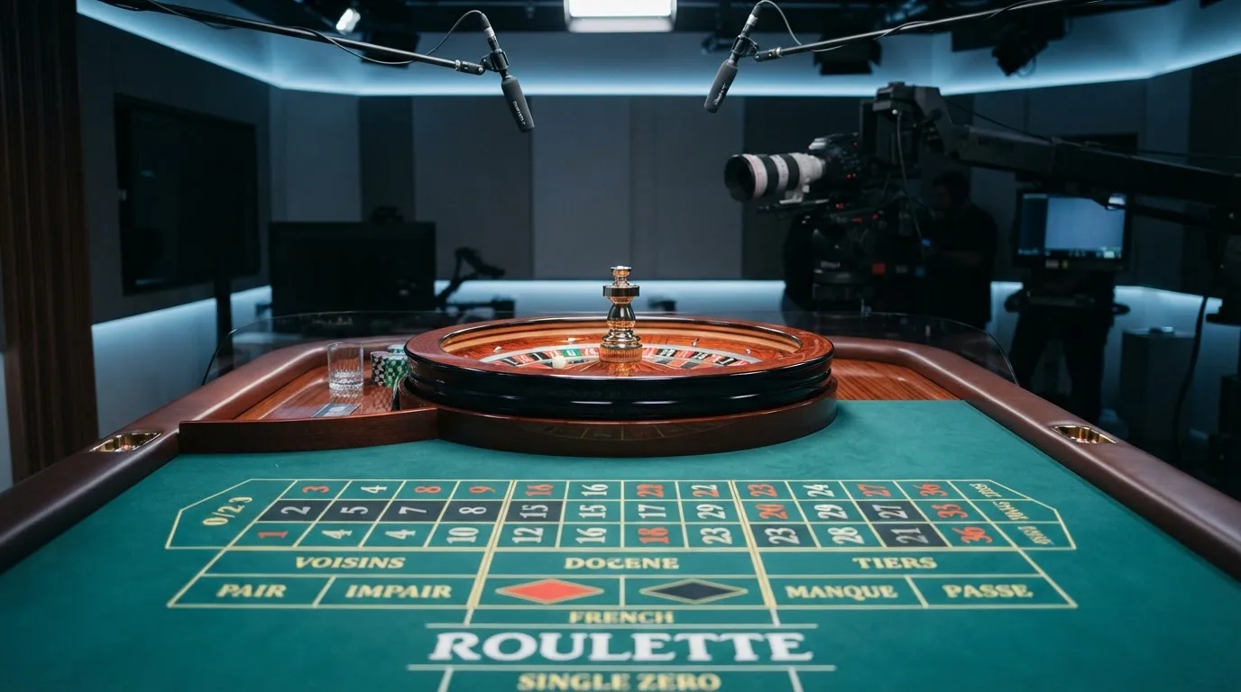 Una mesa de ruleta en vivo vacía momentos antes de empezar la retransmisión, con luces de estudio profesional encendidas.