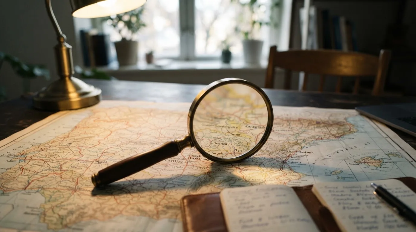 Una lupa sobre un mapa de España iluminado en un escritorio de oficina, con una ventana al fondo desenfocada.