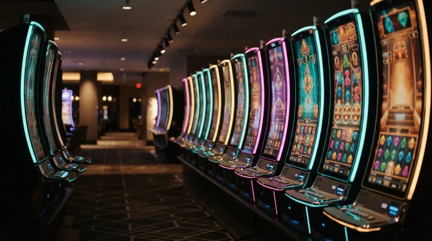 Una hilera de máquinas tragaperras modernas con luces de colores encendidas, fotografiada en un pasillo de casino vacío.