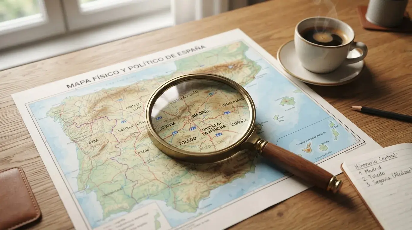 Una lupa sobre un mapa de España colocado en un escritorio de madera junto a una taza de café humeante.